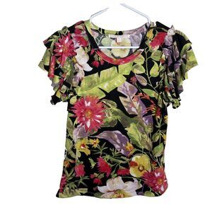 Stella + Ginger Blouse Women's Small Floral Short Sleeve Ruffle Round Neck Top